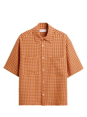 Zara Men’s Orange Check Short Sleeve Button-Up Shirt